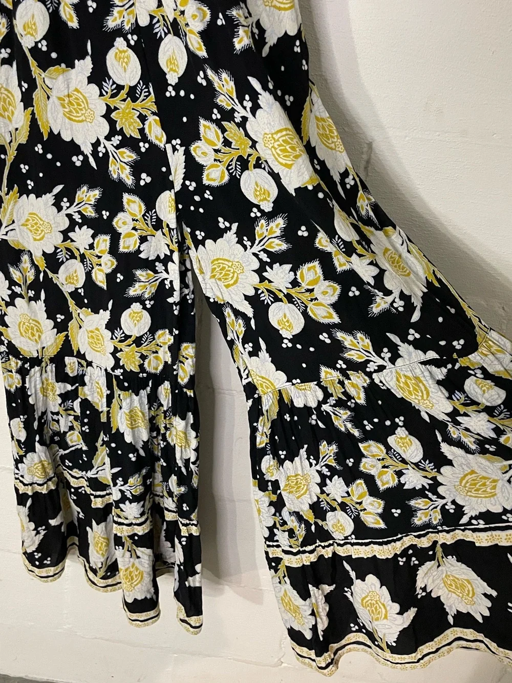 Free People Black Floral Maxi Jumpsuit with Yellow and White Print
